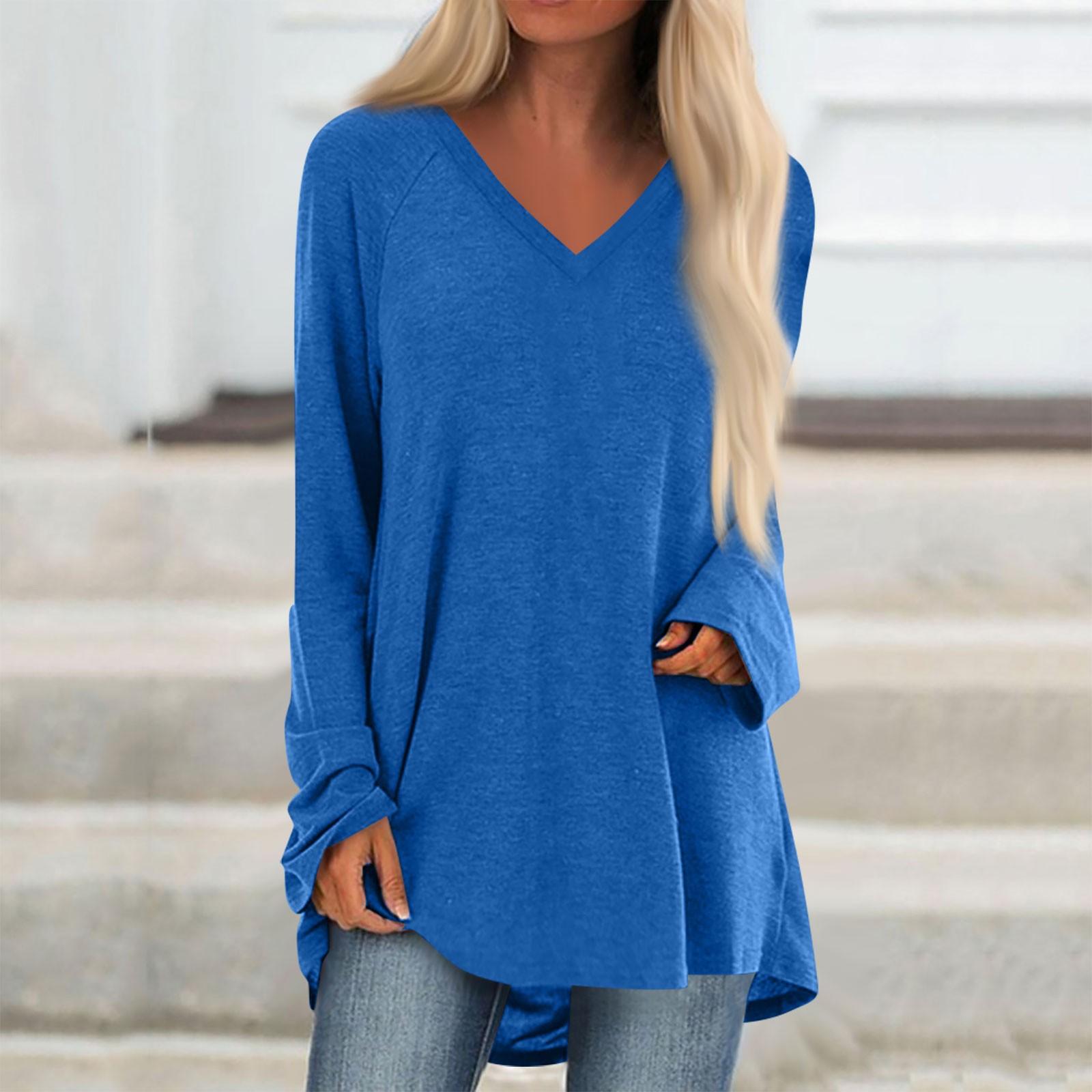 

Women s And Winter Long Sleeved V-neck Color Casual Long Loose T-shirt Top XXL синий