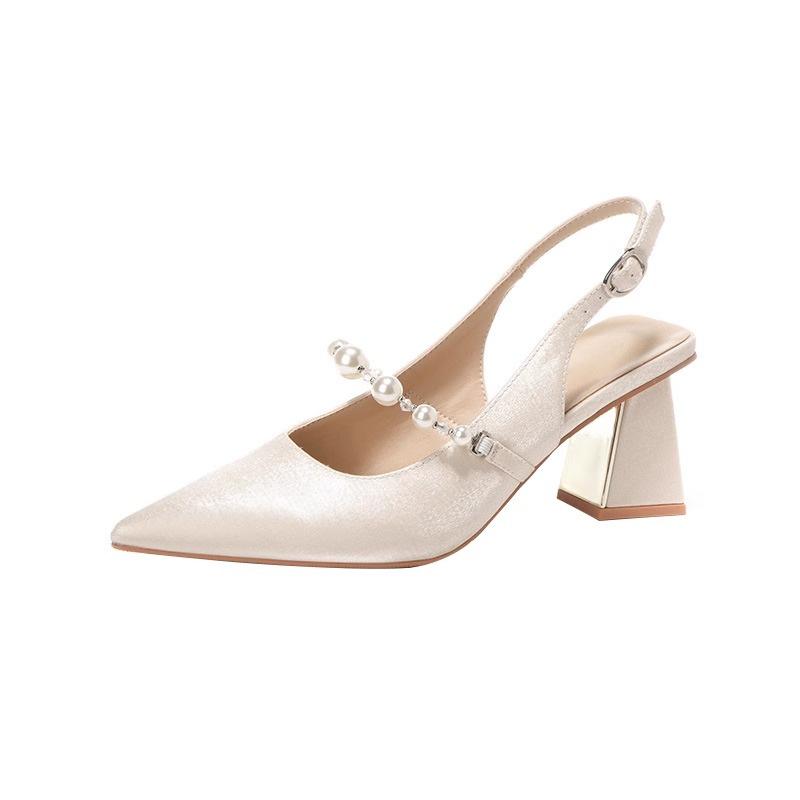 Beautiful Spring and Summer High Heels Women's Thick Heel Cheongsam Pointed Design Sense Niche Pearl Bag Head Sandals