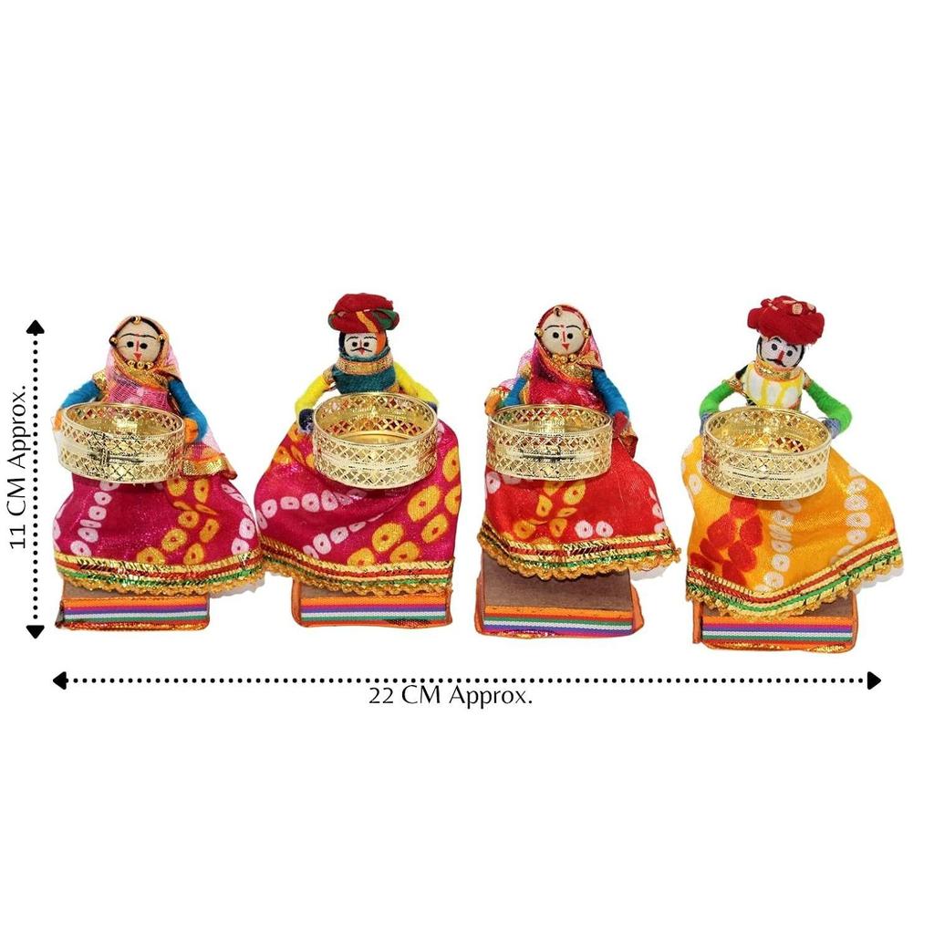 Recycled Martial Rajasthani Standing Dolls Tealight Candle Holder, Multicolor (2 Pair)(4 Candle Holders)