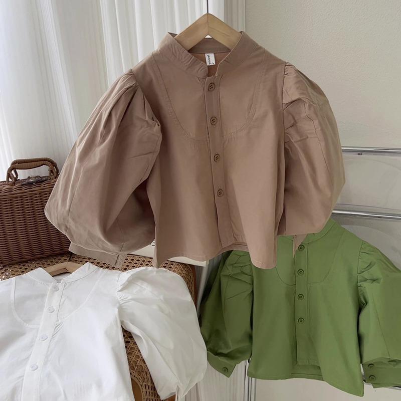 Kids Girls' Crew Neck Long Sleeves Shirt Single-breasted Puff Sleeves Basic Top