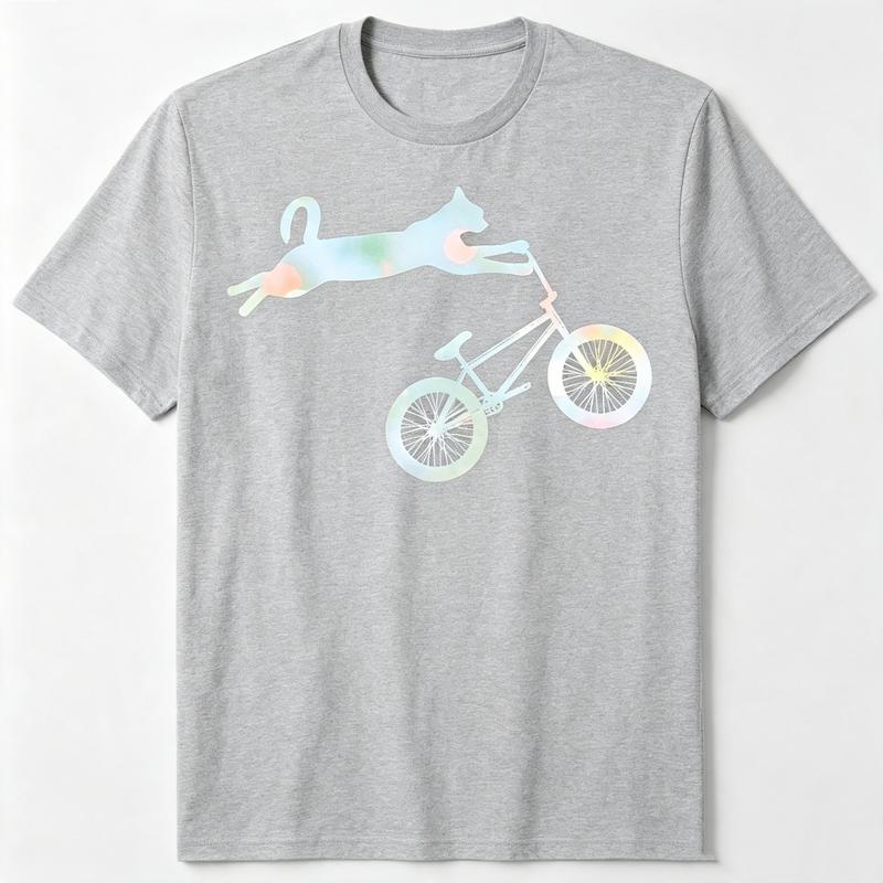 Gradient Watercolor Cat Riding BMX Bike Graphic T Shirt Premium Soft Cotton Short Sleeve Unisex Street Casual Animal Print Tee
