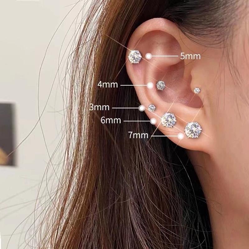 Silver Allergy Prevention Ear Hole Care Piercing Bone Stud Earrings 3/4/5/6/7MM Round Zircon Jewelry Accessories