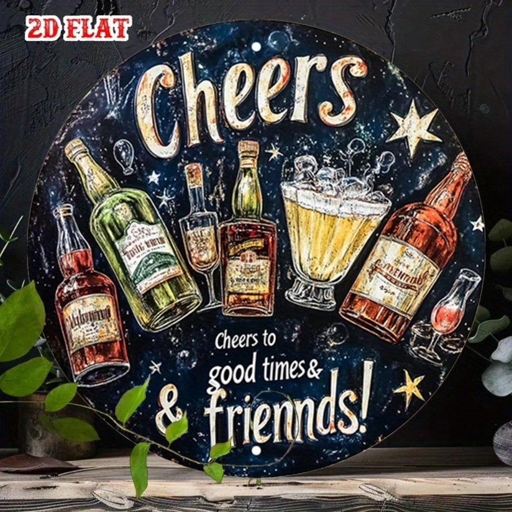 Vintage Round Metal Tin Sign 7.8 Inch Bottles Glasses Bar Home Decor