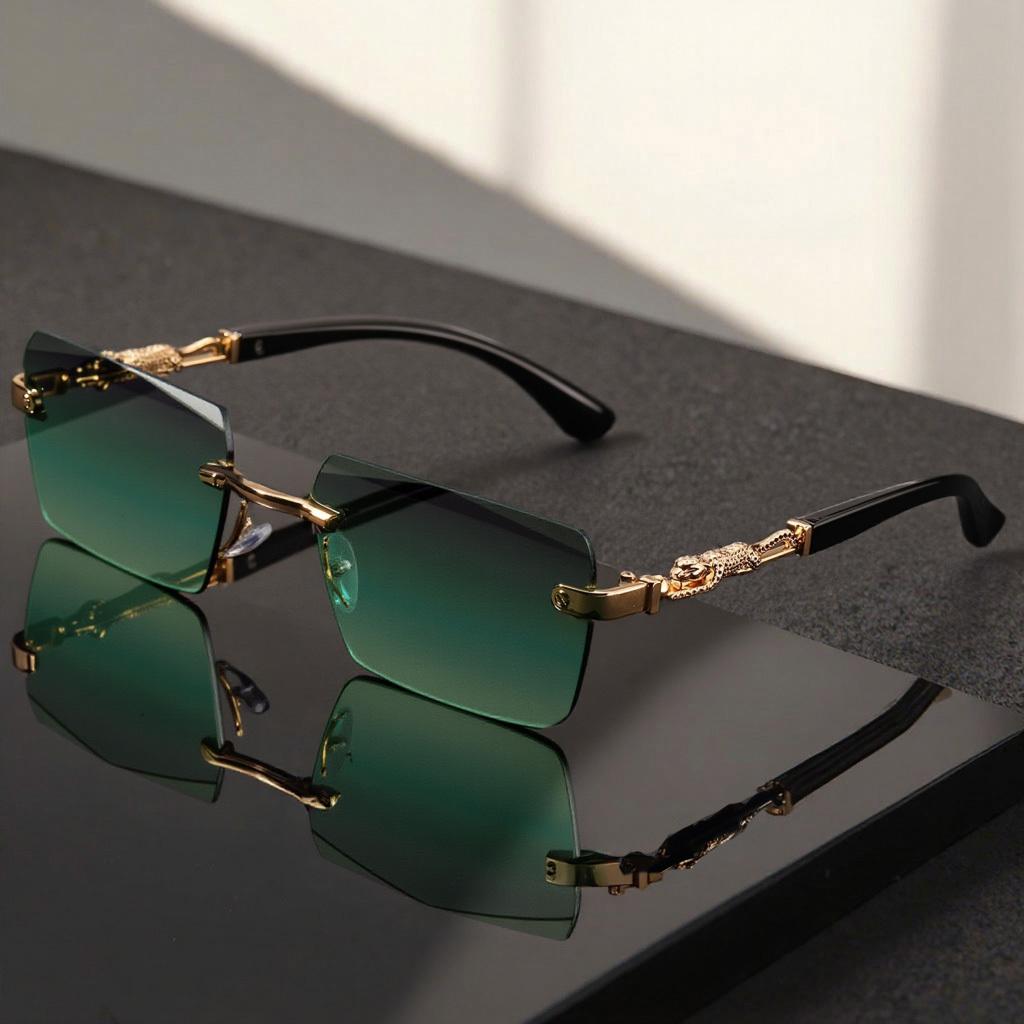Unisex Luxury Frameless Black Golden Sunglasses with Leopard Print - UV400 Protection, Thin Rectangular Lenses, Elegant Design