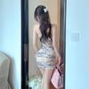 Vintage printed hip-wrapped skirt pure lust nightclub low-cut V-neck backless pleated waist dress