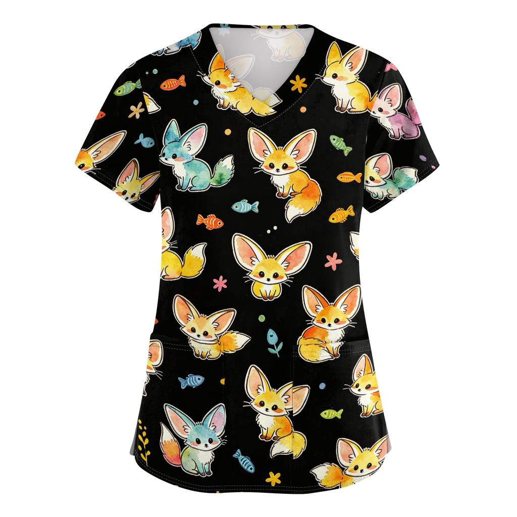 Women's V Neck Short Sleeve Work Top with Pockets Animal Print Medical Scrub Shirt for Caregivers Nurse Uniform