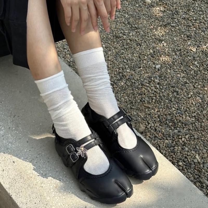 Tabi Shoes  Fashion Belt Buckle Split Toe Shoes Sneakers Ladies Leather Flat Shoes Mary Jane Casual  For Women