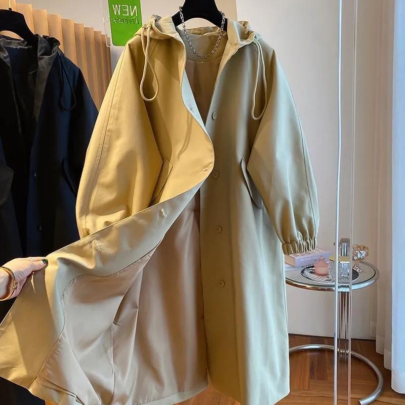 Spring Autumn Long Trench Coat Female Casual Windbreak Jacket Women's Hooded Drawstring Overcoat Windbreaker Ladies Tops