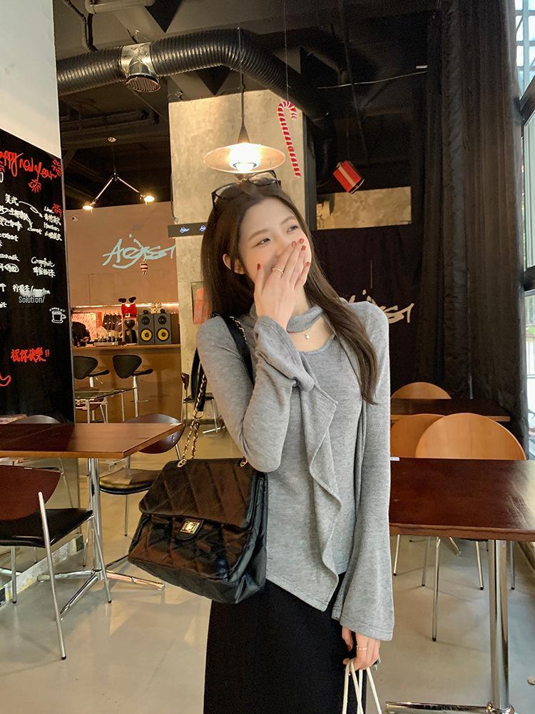 Korean Ruffle Halterneck Flowy Sleeve Slim Fit Top for Women - Chic Spring Arrival