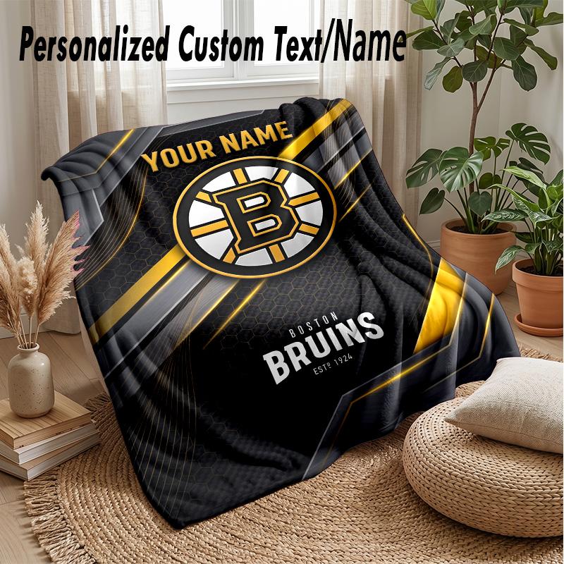 Boston Bruins Custom Flannel Throw Blanket Print Your Name Text Soft Warm Blanket Holiday Present