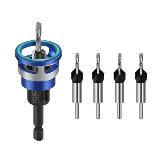 Countersink Drill Bit Set Adjustable Depth Stop Drill Bits Adjustable Hex Wrench Spiral Flute HSS M2 High Speed Steel 4-Edge Drill Bits
