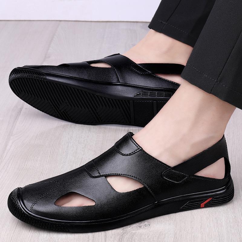 Atmungsaktive Sandalen Herren trendige Taschenkopf Sportschuhe Lochschuhe Herren Lederschuhe Weichleder Herren Freizeitschuhe für den Strand
