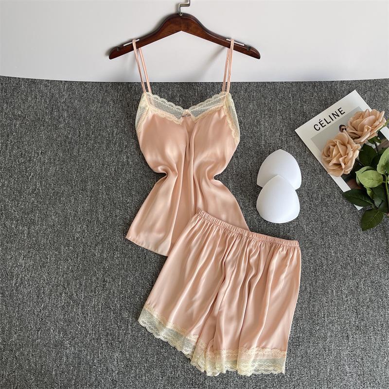 Sexy Pajamas Women's Ice Ribbon Chest Pad Summer Suspender Shorts New Lace Pure Desire Silk Loungewear