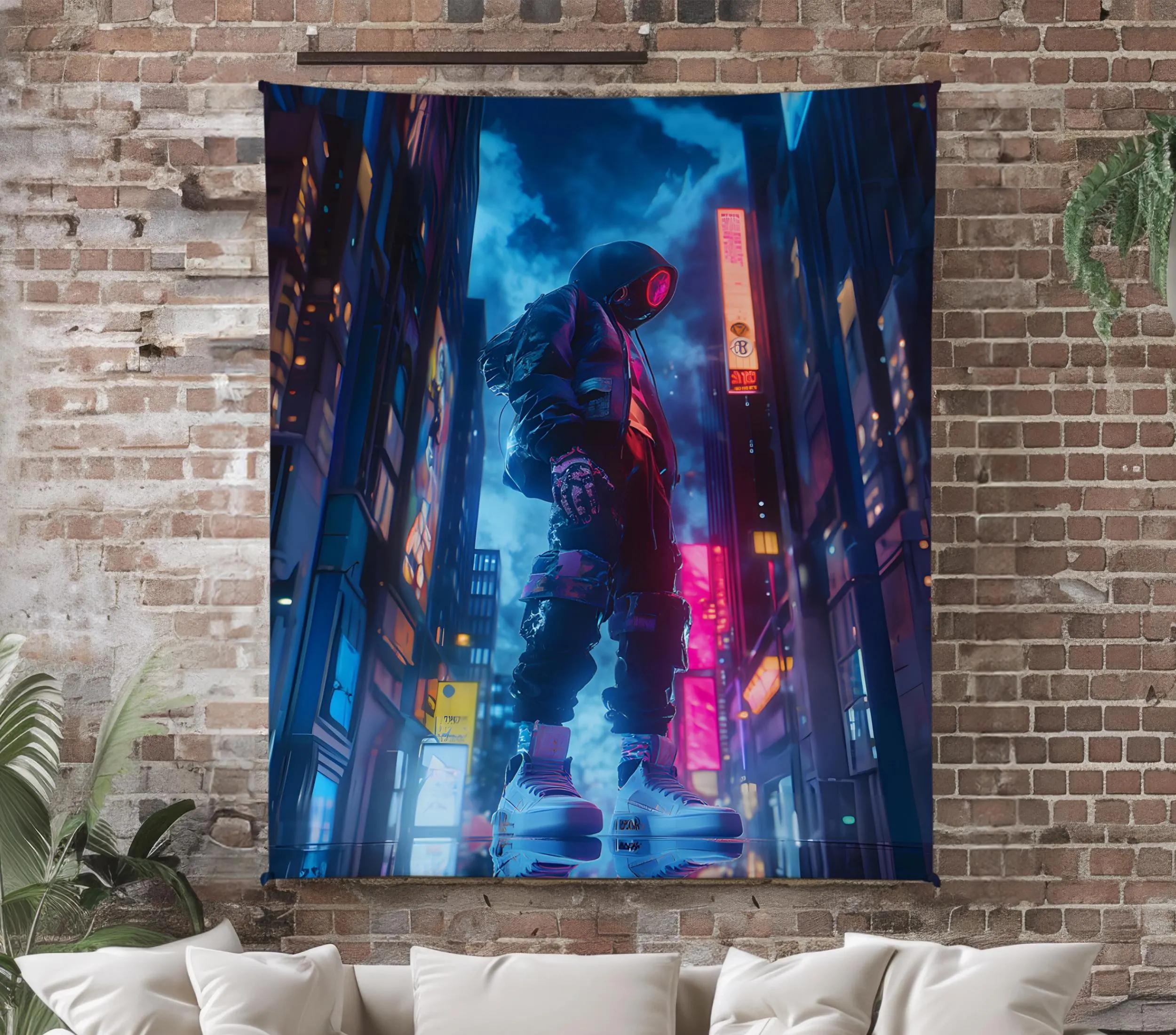 Cyberpunk Hip-hop Aethestic Fleece Tapestry, Rapper Tapestry Throw, Sci-fi Home Decor, SCI-FI Wall Art, Boy Room Decor 100X70CM