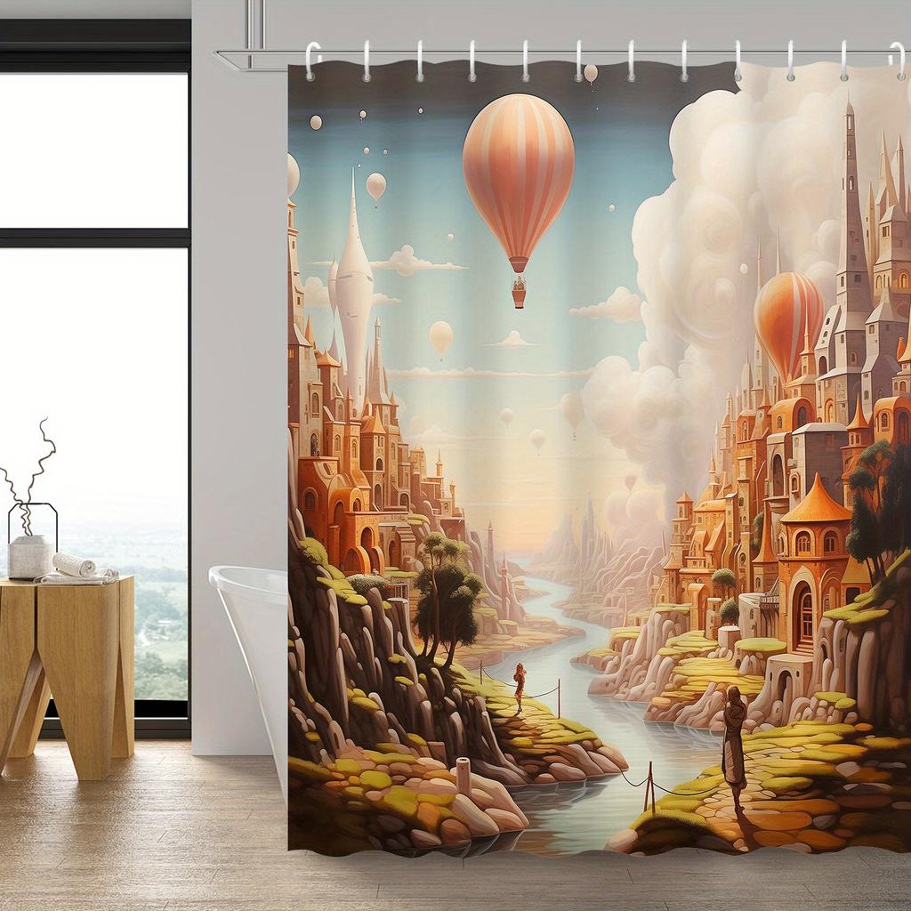 Fantasy Hot Air Balloon & Castle Shower Curtain – Whimsical Scenic Design with Dramatic Sky, Polyester Fabric, Includes 12 Hooks