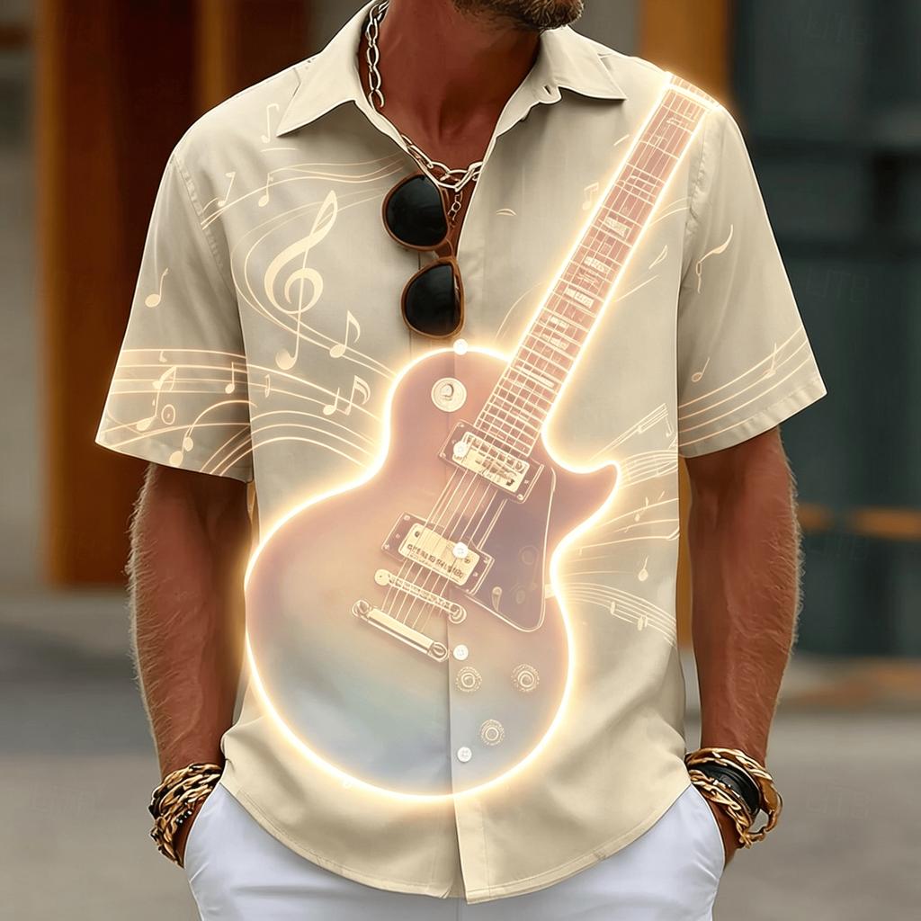 Herren Vintage Skizze Gitarrenprint Hemd, Musiknoten Design, Lässiger Sommerstil
