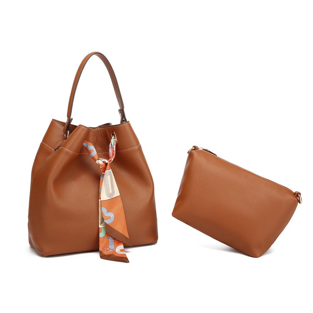 New Bag, Bucket Bag, Vegetable Basket, Women's Bag, Genuine Leather Handle, Mother's Bag, Bride's Wedding Bag, High-end Silk Scarf