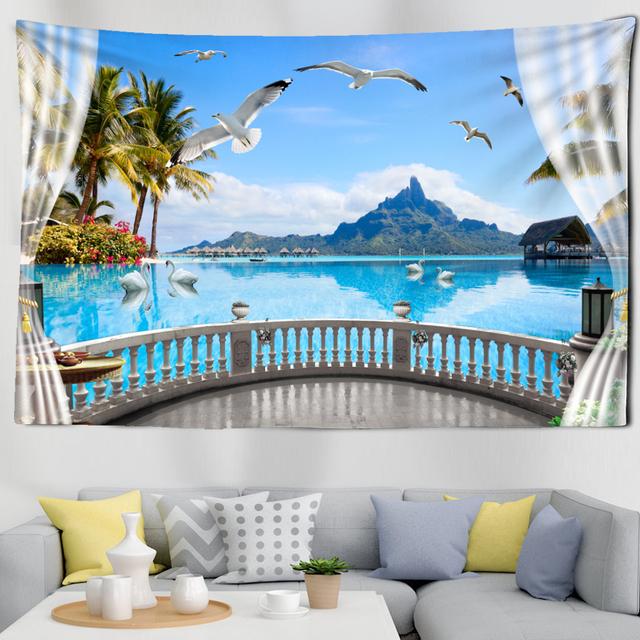 Imitace oken Krajina Tapiserie Nástěnný závěs Přímořská scenérie Kolej Bohémský obývací pokoj Domácí dekorace