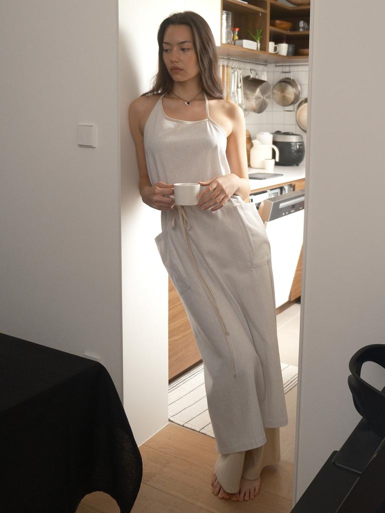 ECOMMAE Unbalanced Maxi Apron (Natural Ivory + Stripe)