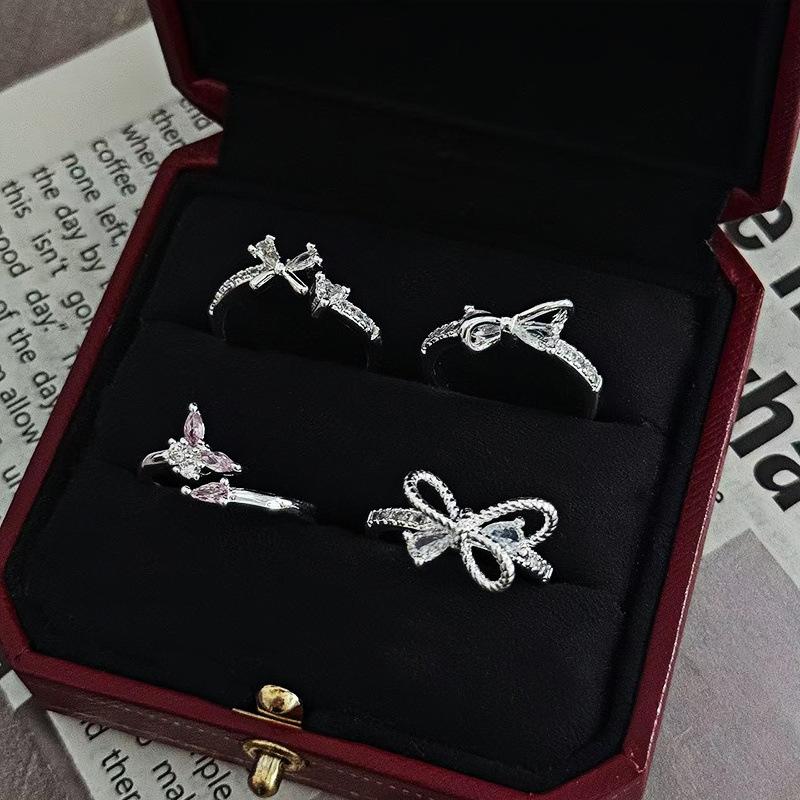 Full Diamond Zircon Bow Open Ring, Women'S Light Luxury Niche Design, High-End Sense, Exquisite Temperament, Shining Index Finger Ring