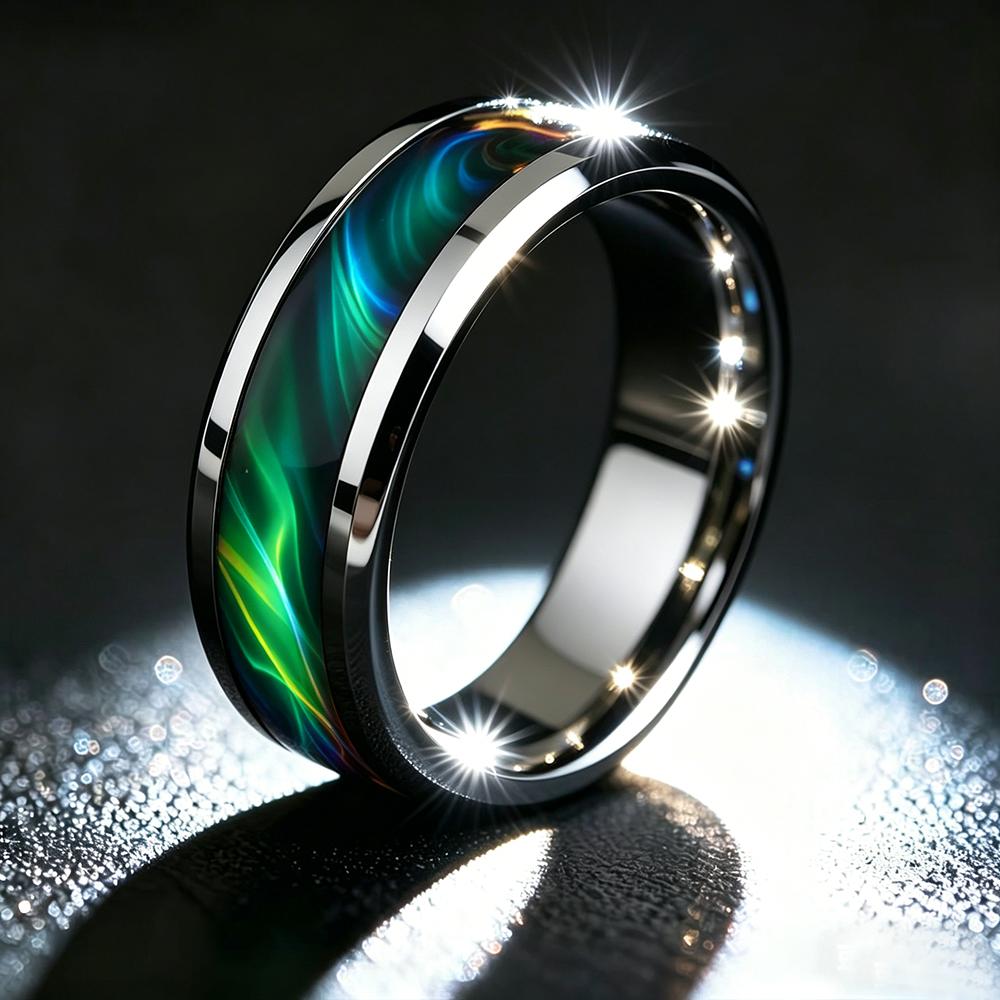 Neuer Mode Herren Bunter Aurora Galaxie Edelstahlring, Poliertes Schwarzes Band, Punk Biker Schmuck, Cooler Männlicher Fingerring 13 gray