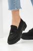 Women's Fashion Faux Leather Wedge Heeled Loafer Black Chain Thick Sole Loafer Moccasin Platinum Chain Shoes