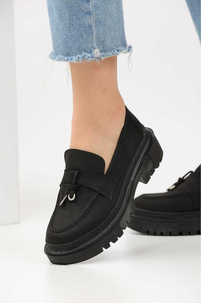 Women's Fashion Faux Leather Wedge Heeled Loafer Black Chain Thick Sole Loafer Moccasin Platinum Chain Shoes