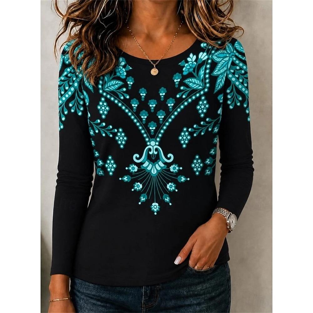 Women's Long-Sleeve T-Shirt Autumn 2026 Elegant Comfortable Crew Neck 3D Sunflower Floral Print Vintage Casual Street-Style Top