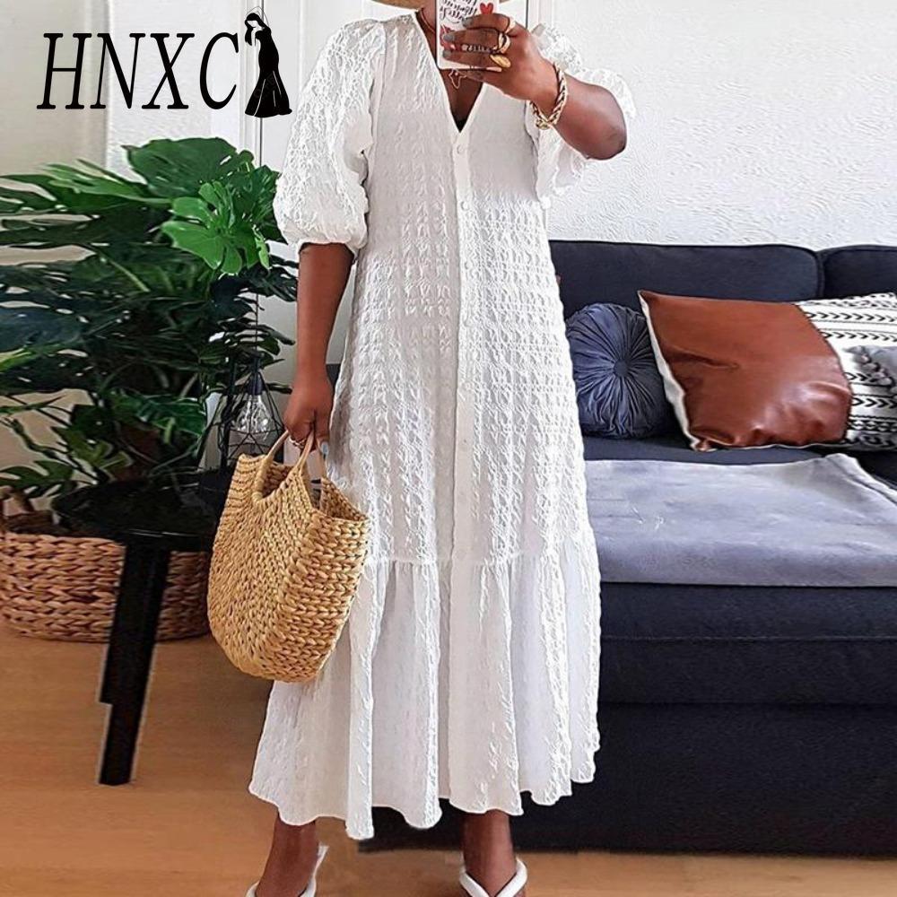 

HNXC Летняя женская туника для вечеринки с оборками, V-образным вырезом, пуговицами, тонкими рукавами-буфами, повседневная свободная длинная рубашка-платье большого размера XXXXXL белый