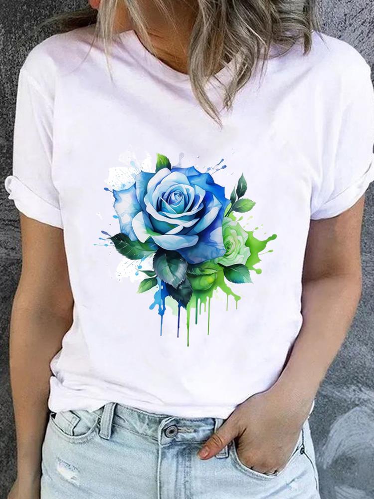 (Asian Size) Lovely Flower Style Casual Short Sleeve T Tee Top Clothing Shirt Women Printed Lady Fashion Female Graphic T-shirts