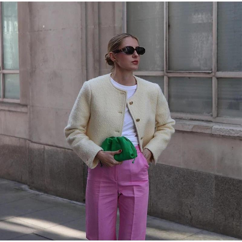 Осенний элегантный твидовый пиджак женский винтажный шерстяной однобортный с круглым — фото 11