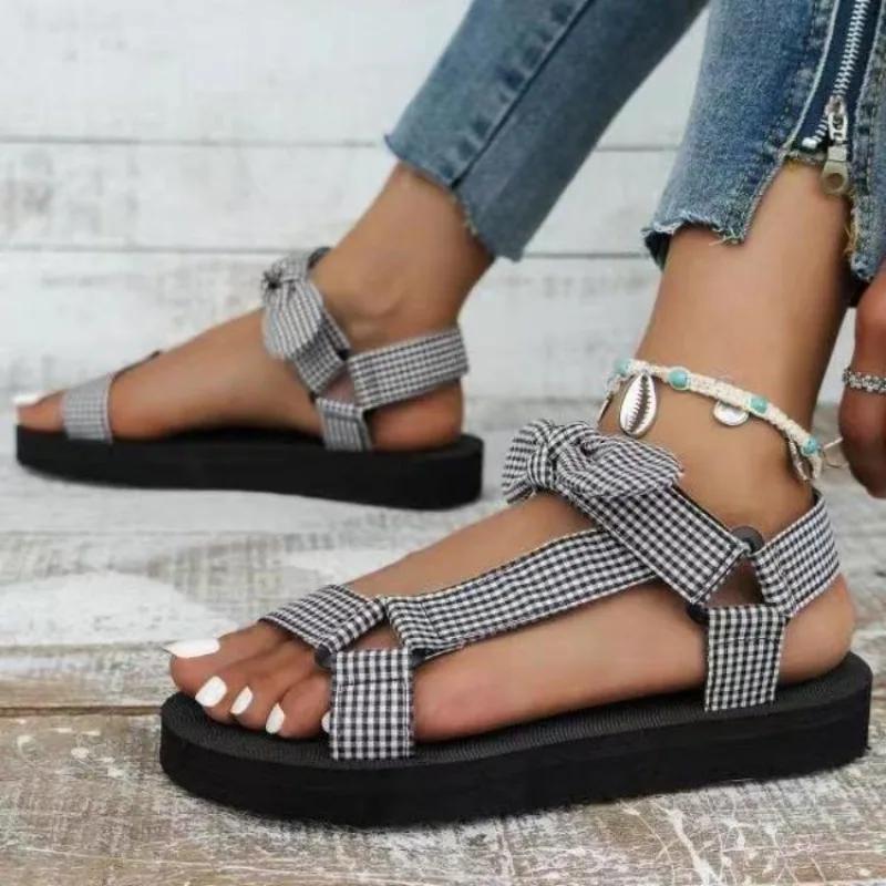 New Summer Women Casual Sandals Color Flat Casual Lace Up Bow Shoes for Ladies Fashion Outdoor Leopard Beach Mujer Plus Size 43