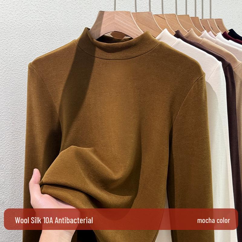 Women's Lyocell Tencel Round Neck Base Layer, Thickened Velvet Wool-Silk Long Sleeve Top for Autumn/Winter