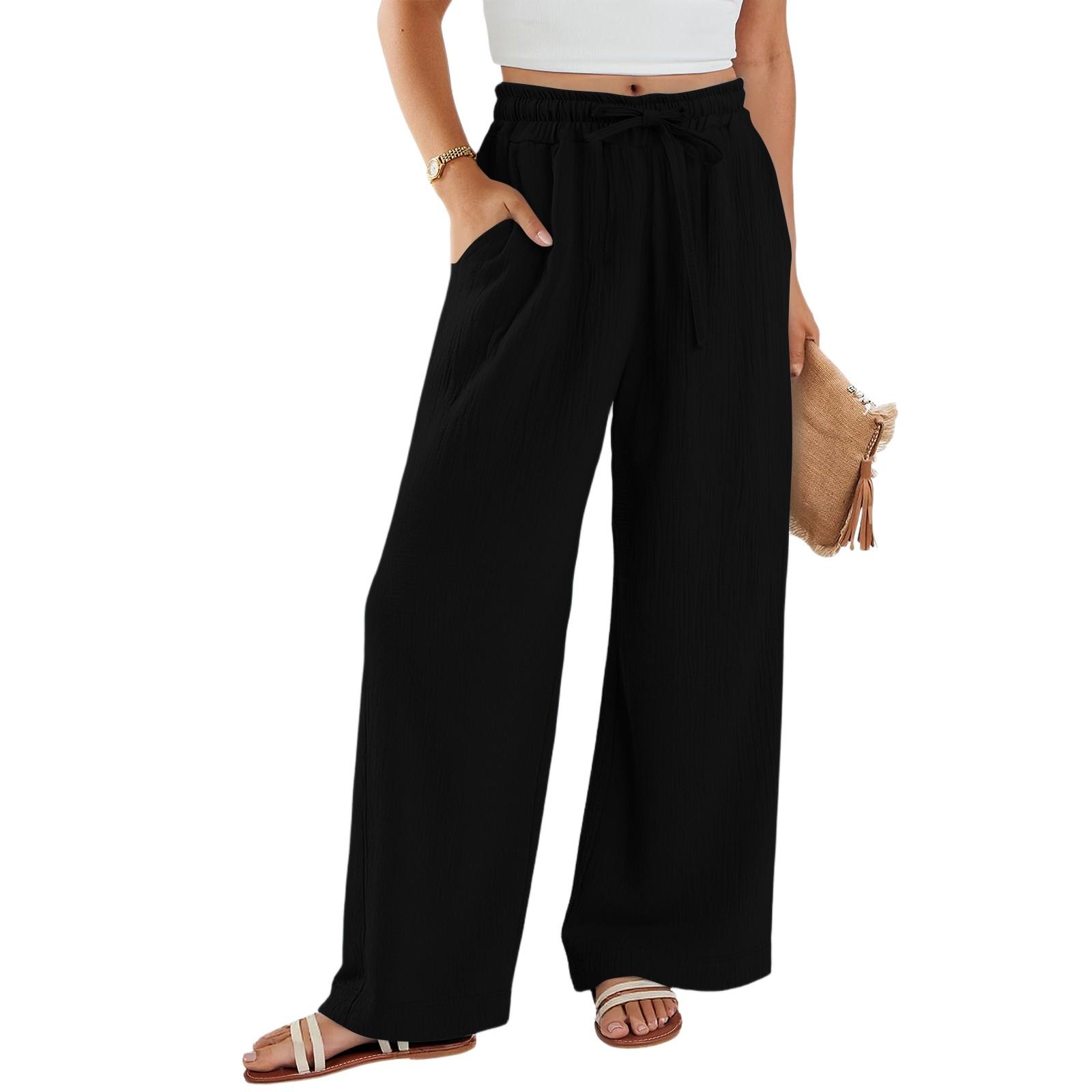 

Женские широкие брюки, эластичные брюки с высокой талией и завязками, струящиеся летние пляжные брюки-палаццо, повседневные брюки чёрный