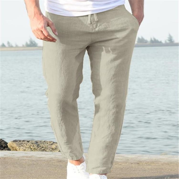 Men's linen summer casual pants drawstring elastic waist solid color breathable daily pencil small feet trousers