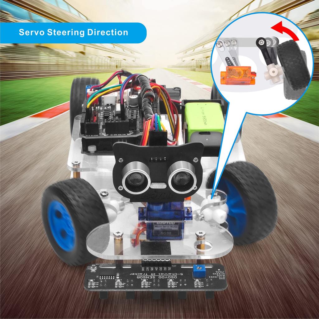 OSOYOO Arduino UNO Robot Car Smart Car Kit with Servo Steering DIY and Computer Programming Rack, Kit, Bluetooth, Wi-Fi, IOT, Autodrive, C++,