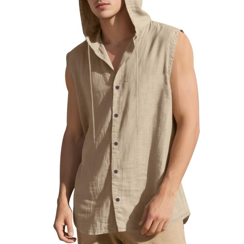 2025 Summer Mens Sleeveless Shirt New Men Loose Casual Linen Hooded Shirt Male Thin Waistcoat Male Trendy Casual Shirt