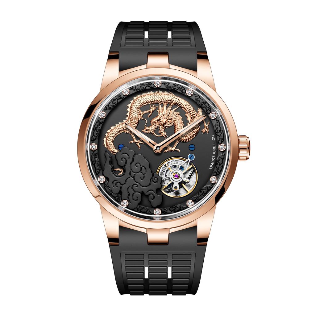 Zegarek HAOFA Zegarek Carcel Mechaniczny Nakręcany Ręcznie Tarcza 3D Złoty Smok Diamentowy Zegarek Wodoodporny Pasek Gumowy Luksusowy Prezent Dla Dżentelmena Męski