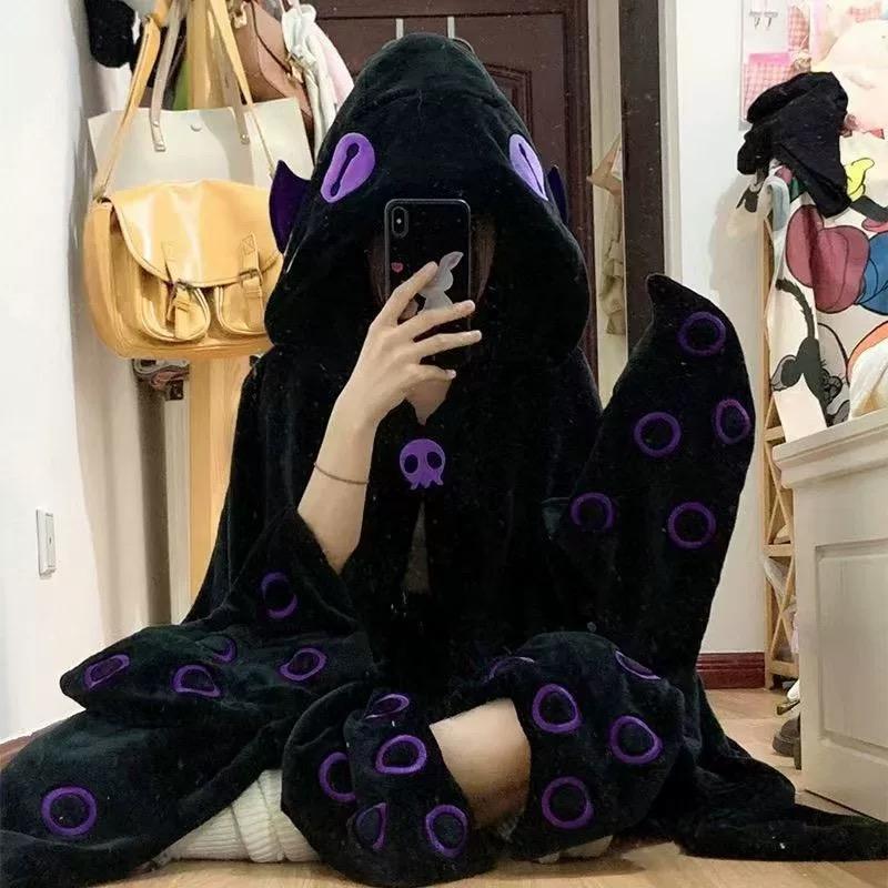 

Cartoon Octopus Little Monster Hooded Blanket Coral Velvet Pajamas Winter Poncho Cloak Plush Shawl Blanket Girl S Birthday Gifts one size
