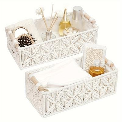 2 ks Makramé úložný koš s uchem, Pletená dekorativní úložná krabice na pracovní desku, Boho dekor, Nádoba na toaletní papír pro koupelnový dekor