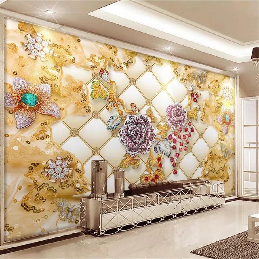 Wallpaper Fashion 3d Mural Soft Package Luxury Wall Mural Gold Diamond Flower Jewelry Wallpaper