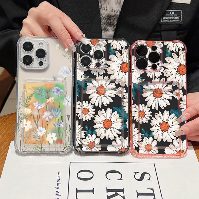Flowers Print Card Slot Phone Case For iPhone Air 16e 17 16 15 Pro Max 14 13 Pro Max Shockproof Clear Soft Silicone Cover