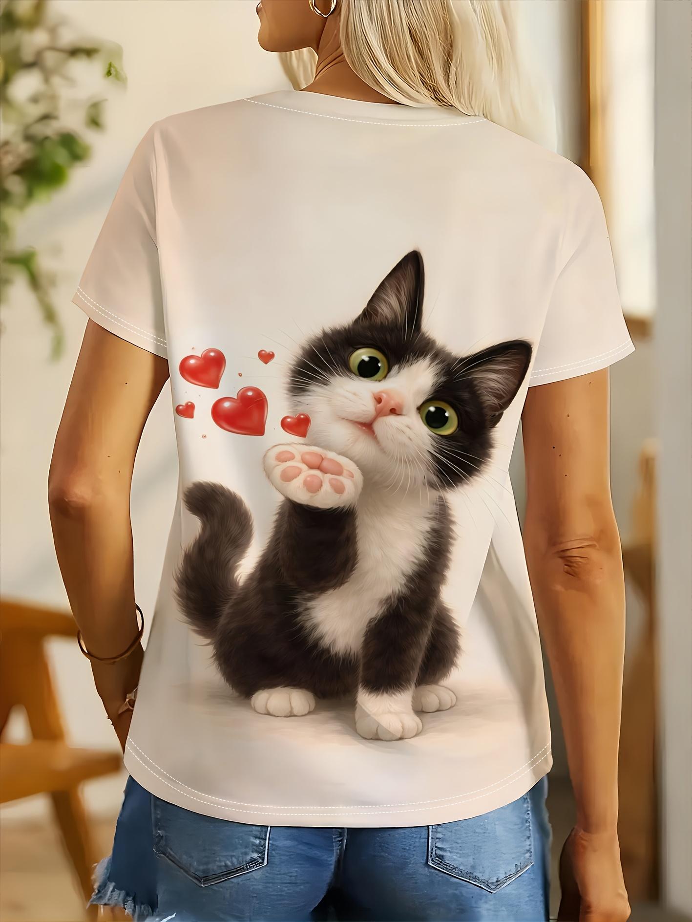 

Cute And Heartwarming Black And White Cat Heart Print White Crew Neck Short-Sleeved T-Shirt for Women. Perfect for Everyday Wear. Casual Outings. Comm L дубильна кора