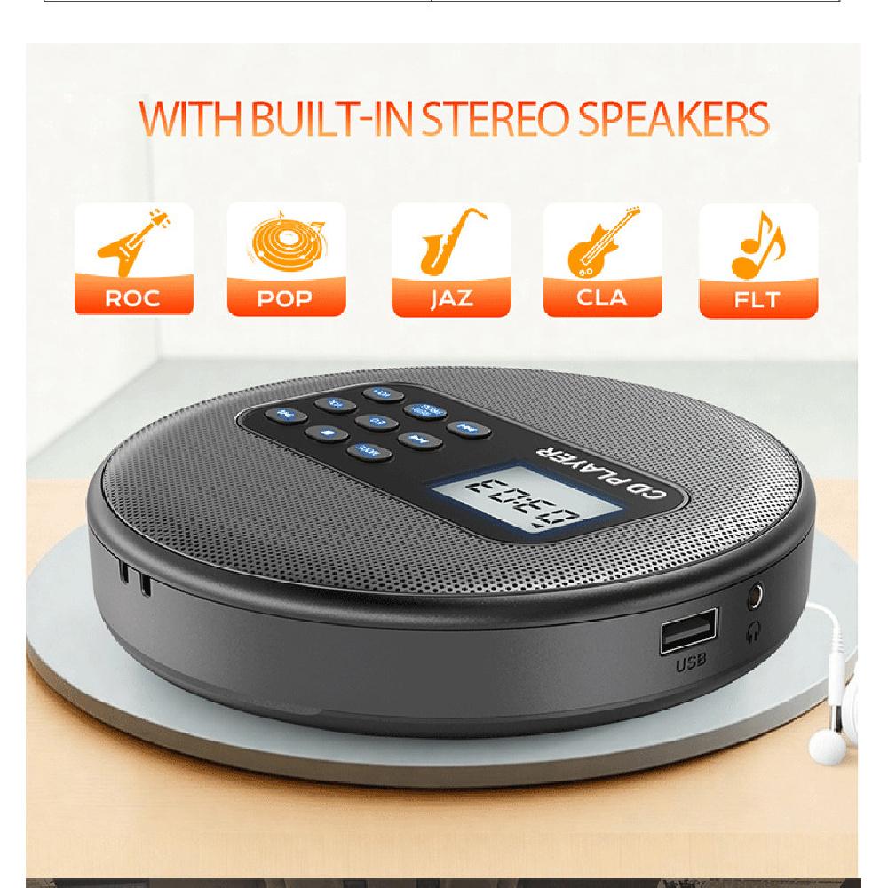 Portable CD Player with Built-in Stereo Speakers, Bluetooth 5.1, 1500mAh Rechargeable Battery, Support CD/MP3/USB Playback, Anti-Skip, EQ Settings