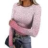 Women's slim-fit bottoming T-shirt leopard print round neck pullover long-sleeved top (with thumb holes in the cuffs)