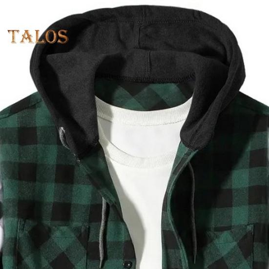 Fall Winter Men Shirt Coat Plaid Print Long Sleeves Chest Pocket Adjustable Drawstring Hood Single-breasted Patchwork Loose Contrast Color Jacket