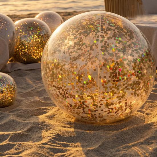 16/24-Zoll Aufblasbarer Glitzer-Strandball Auslaufsichere Klare Bälle mit Konfetti-Pailletten Kinder Erwachsene Sommer Strand Schwimmbad Party Spielzeug