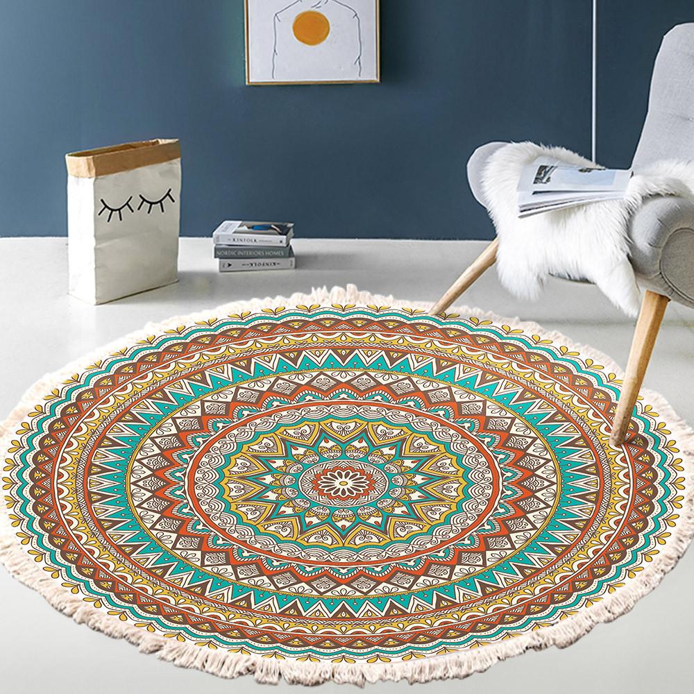 Nordic Cotton and Linen Home Leisure Non-slip Fringed Printed Round Carpet Living Room Floor Mat Bedroom Bedside Blanket