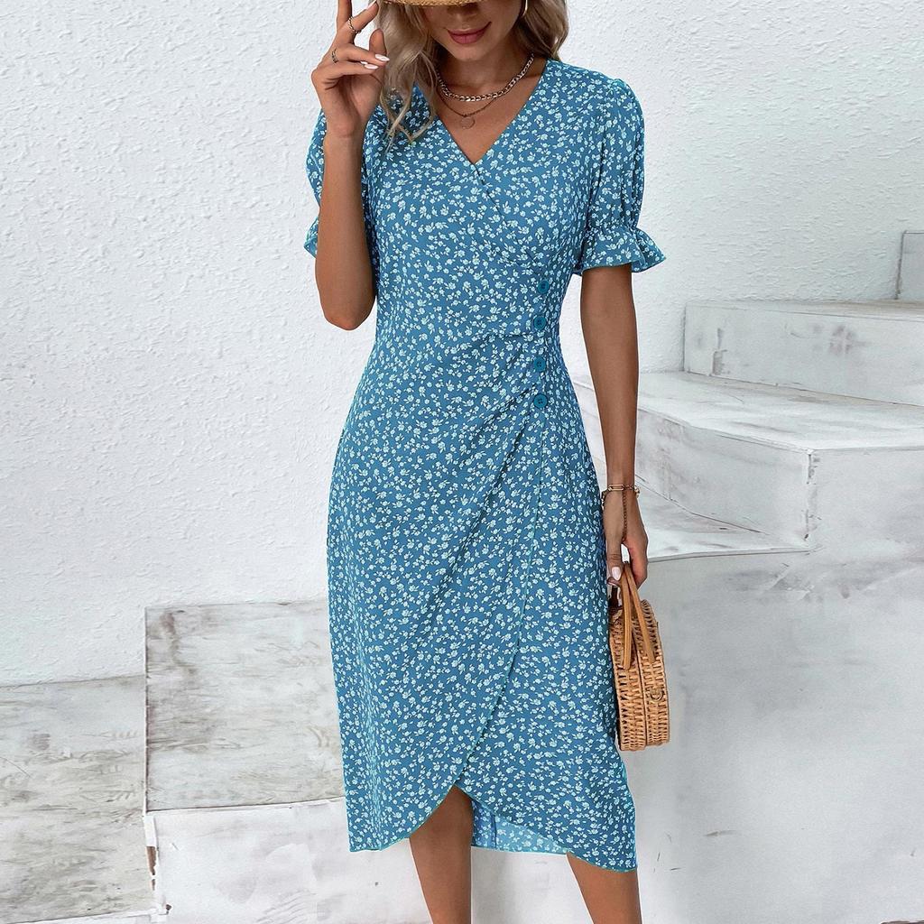 Damen Sommer Freizeitkleid V-Ausschnitt A-Linie Boho Kleines Blumenmuster Ärmel Wickel Saum Kleid