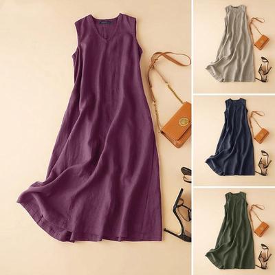 Frühlings- und Sommer Ärmelloses Kleid Damen V-Ausschnitt Einfarbig Sommerkleid Lässig Locker Party Vestidos Femme Vintage Kleid